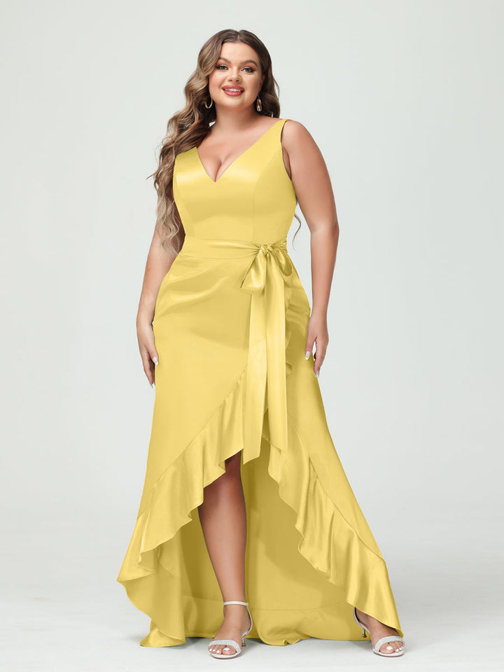 Sheath/Column V-Neck Sleeveless Ruffles High Low Plus Size Dresses with Pockets &amp; Sash