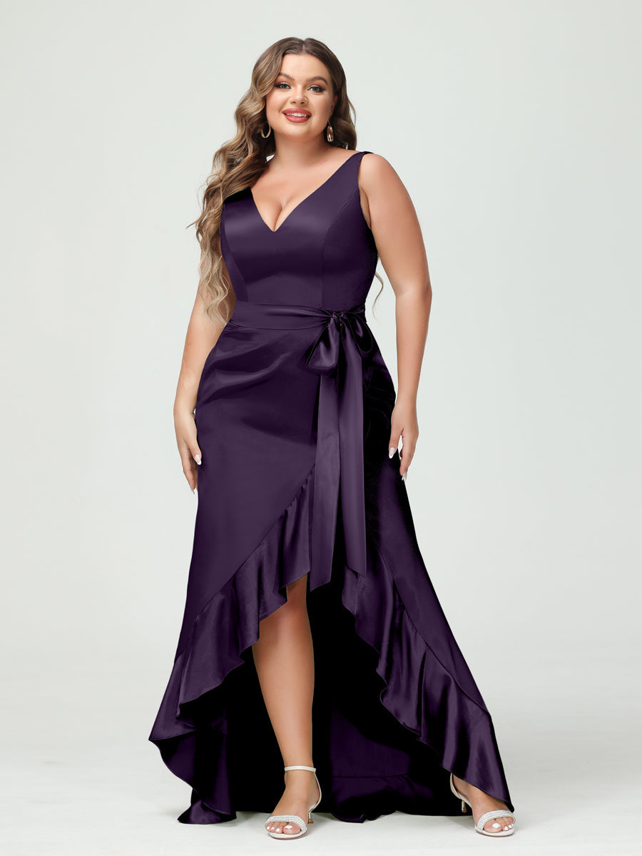 Sheath/Column V-Neck Sleeveless Ruffles High Low Plus Size Dresses with Pockets &amp; Sash