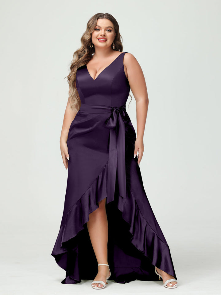 Sheath/Column V-Neck Sleeveless Ruffles High Low Plus Size Dresses with Pockets &amp; Sash