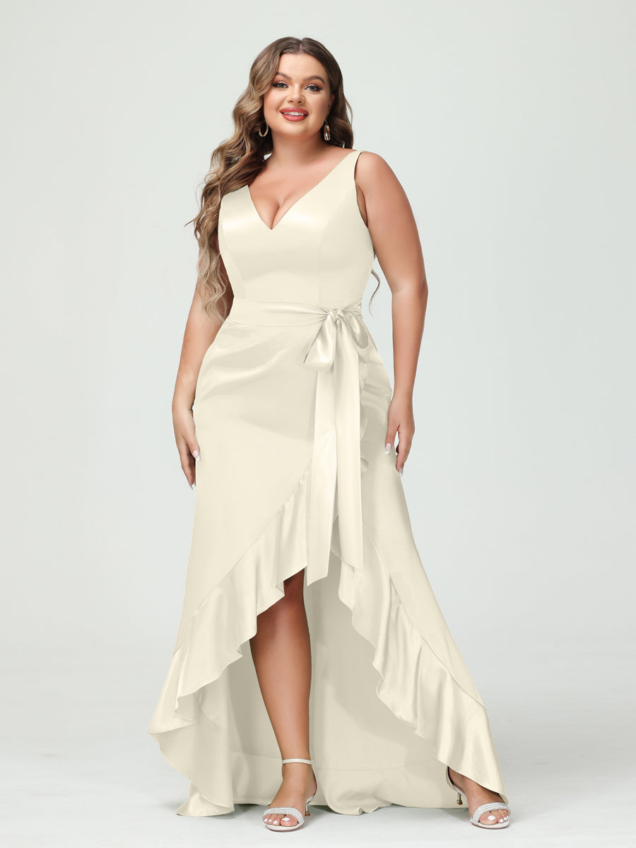 Sheath/Column V-Neck Sleeveless Ruffles High Low Plus Size Dresses with Pockets &amp; Sash