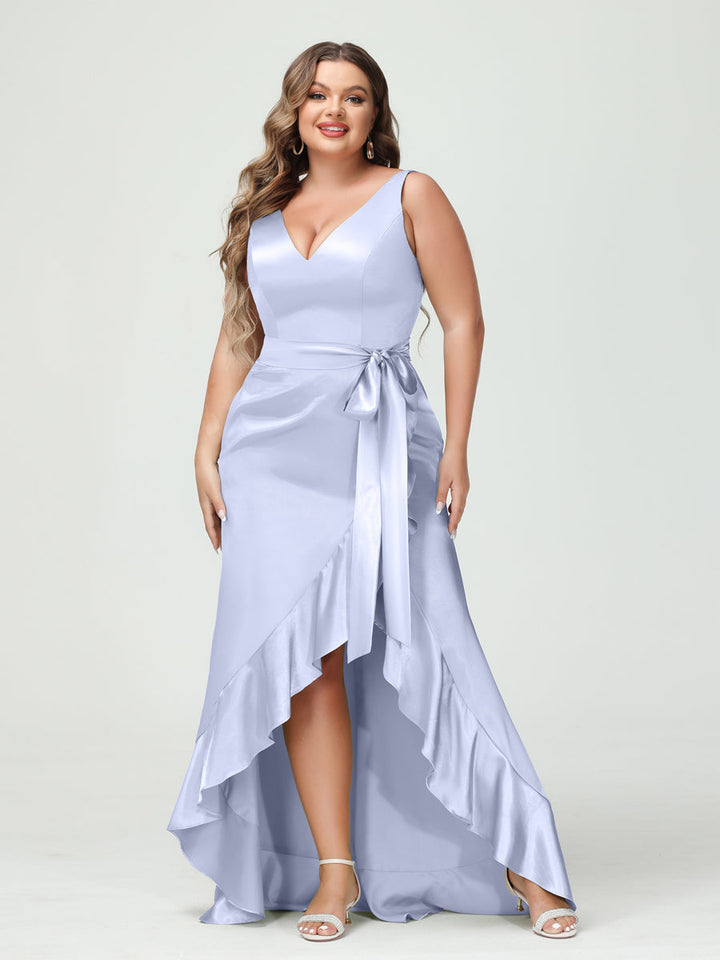 Sheath/Column V-Neck Sleeveless Ruffles High Low Plus Size Dresses with Pockets &amp; Sash