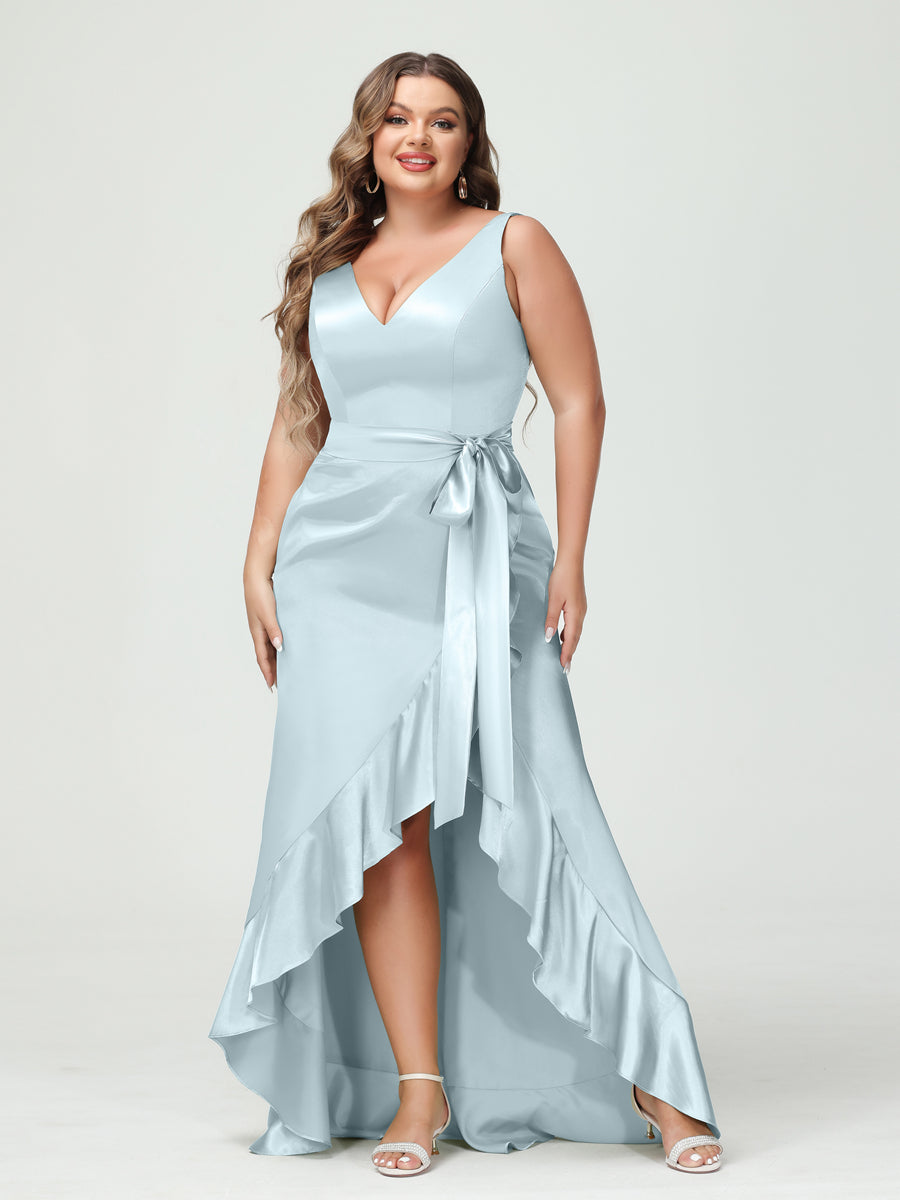 Sheath/Column V-Neck Sleeveless Ruffles High Low Plus Size Dresses with Pockets &amp; Sash
