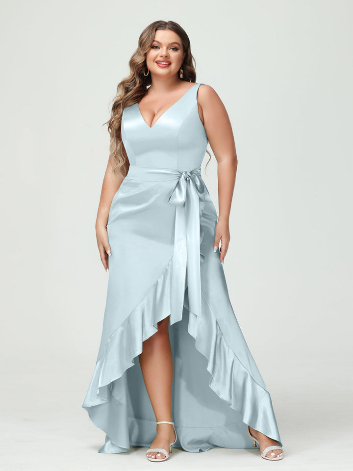 Sheath/Column V-Neck Sleeveless Ruffles High Low Plus Size Dresses with Pockets &amp; Sash