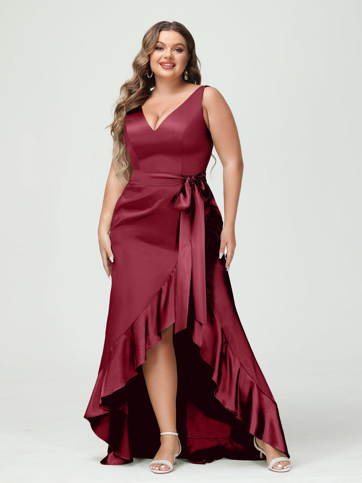 Sheath/Column V-Neck Sleeveless Ruffles High Low Plus Size Dresses with Pockets &amp; Sash