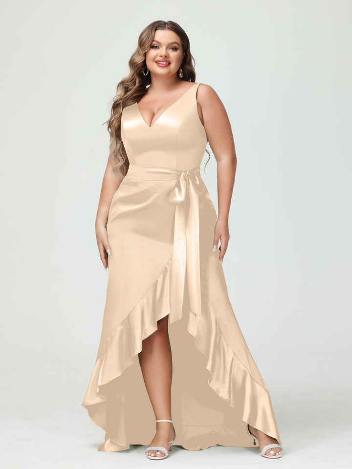 Sheath/Column V-Neck Sleeveless Ruffles High Low Plus Size Dresses with Pockets &amp; Sash