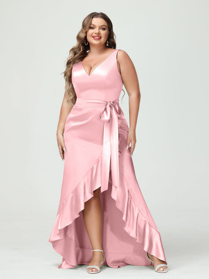 Sheath/Column V-Neck Sleeveless Ruffles High Low Plus Size Dresses with Pockets &amp; Sash