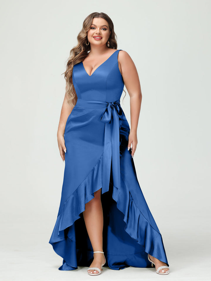 Sheath/Column V-Neck Sleeveless Ruffles High Low Plus Size Dresses with Pockets &amp; Sash