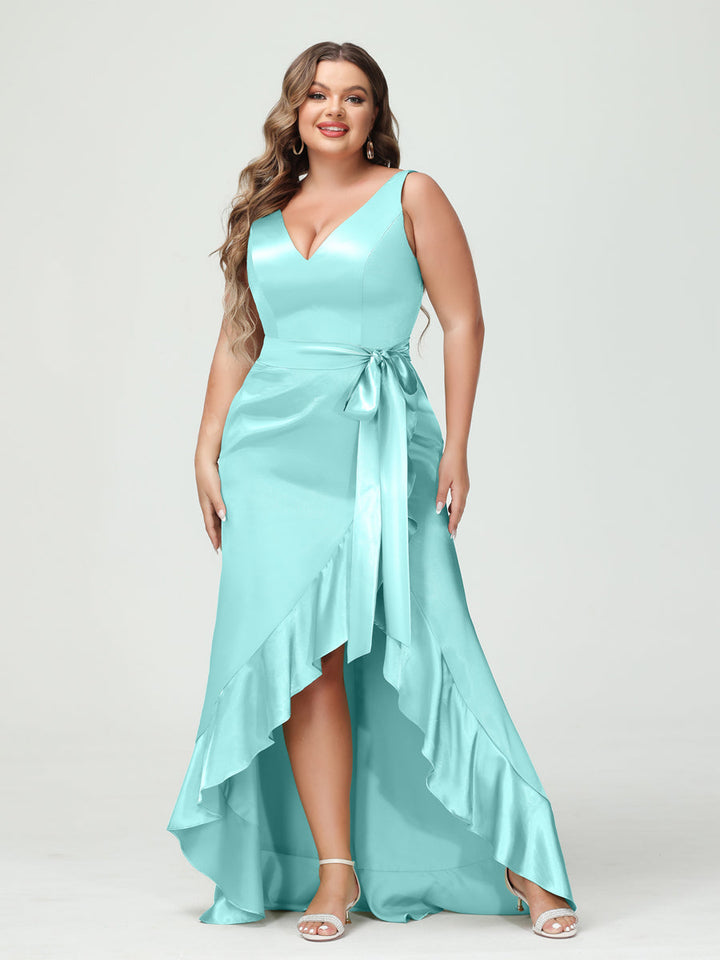 Sheath/Column V-Neck Sleeveless Ruffles High Low Plus Size Dresses with Pockets &amp; Sash