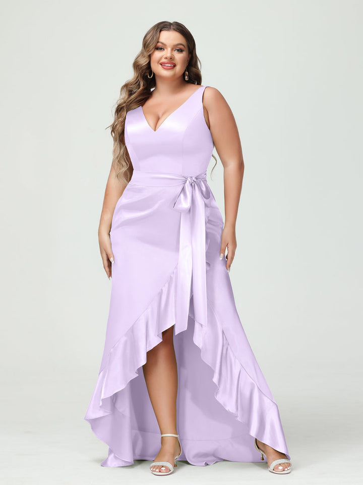Sheath/Column V-Neck Sleeveless Ruffles High Low Plus Size Dresses with Pockets &amp; Sash