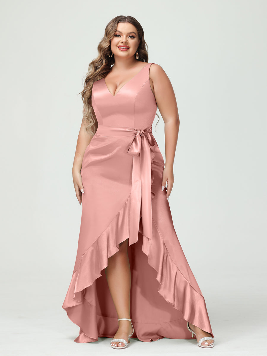 Sheath/Column V-Neck Sleeveless Ruffles High Low Plus Size Dresses with Pockets &amp; Sash