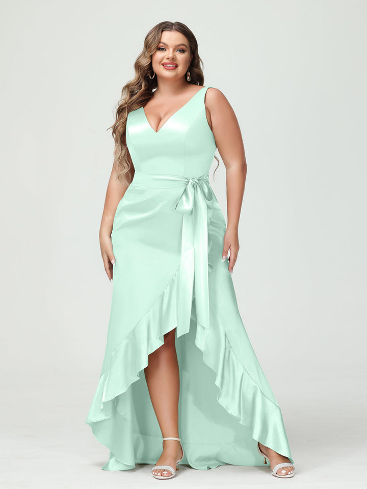 Sheath/Column V-Neck Sleeveless Ruffles High Low Plus Size Dresses with Pockets &amp; Sash