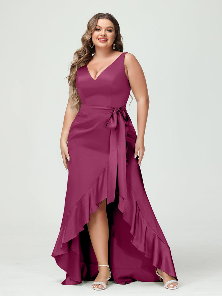 Sheath/Column V-Neck Sleeveless Ruffles High Low Plus Size Dresses with Pockets &amp; Sash