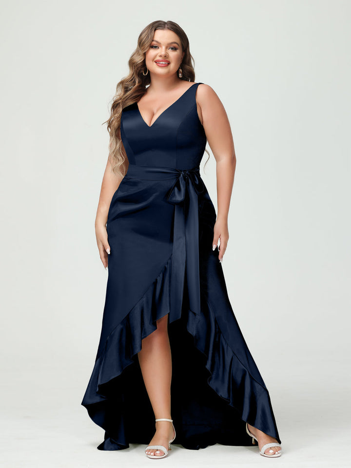 Sheath/Column V-Neck Sleeveless Ruffles High Low Plus Size Dresses with Pockets &amp; Sash