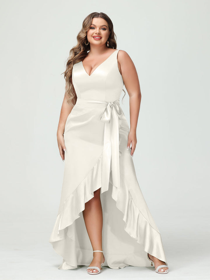 Sheath/Column V-Neck Sleeveless Ruffles High Low Plus Size Dresses with Pockets &amp; Sash