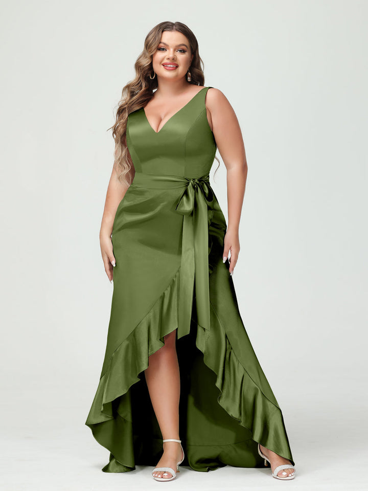 Sheath/Column V-Neck Sleeveless Ruffles High Low Plus Size Dresses with Pockets &amp; Sash
