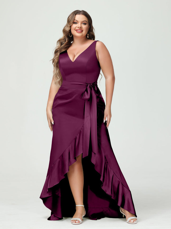 Sheath/Column V-Neck Sleeveless Ruffles High Low Plus Size Dresses with Pockets &amp; Sash