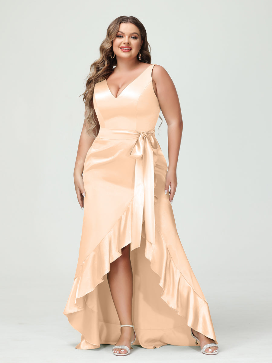 Sheath/Column V-Neck Sleeveless Ruffles High Low Plus Size Dresses with Pockets &amp; Sash