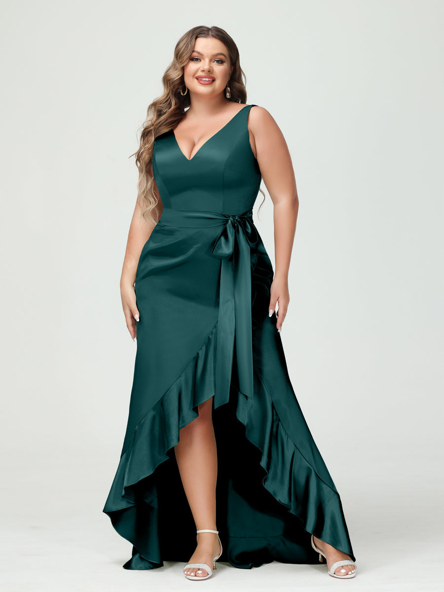 Sheath/Column V-Neck Sleeveless Ruffles High Low Plus Size Dresses with Pockets &amp; Sash