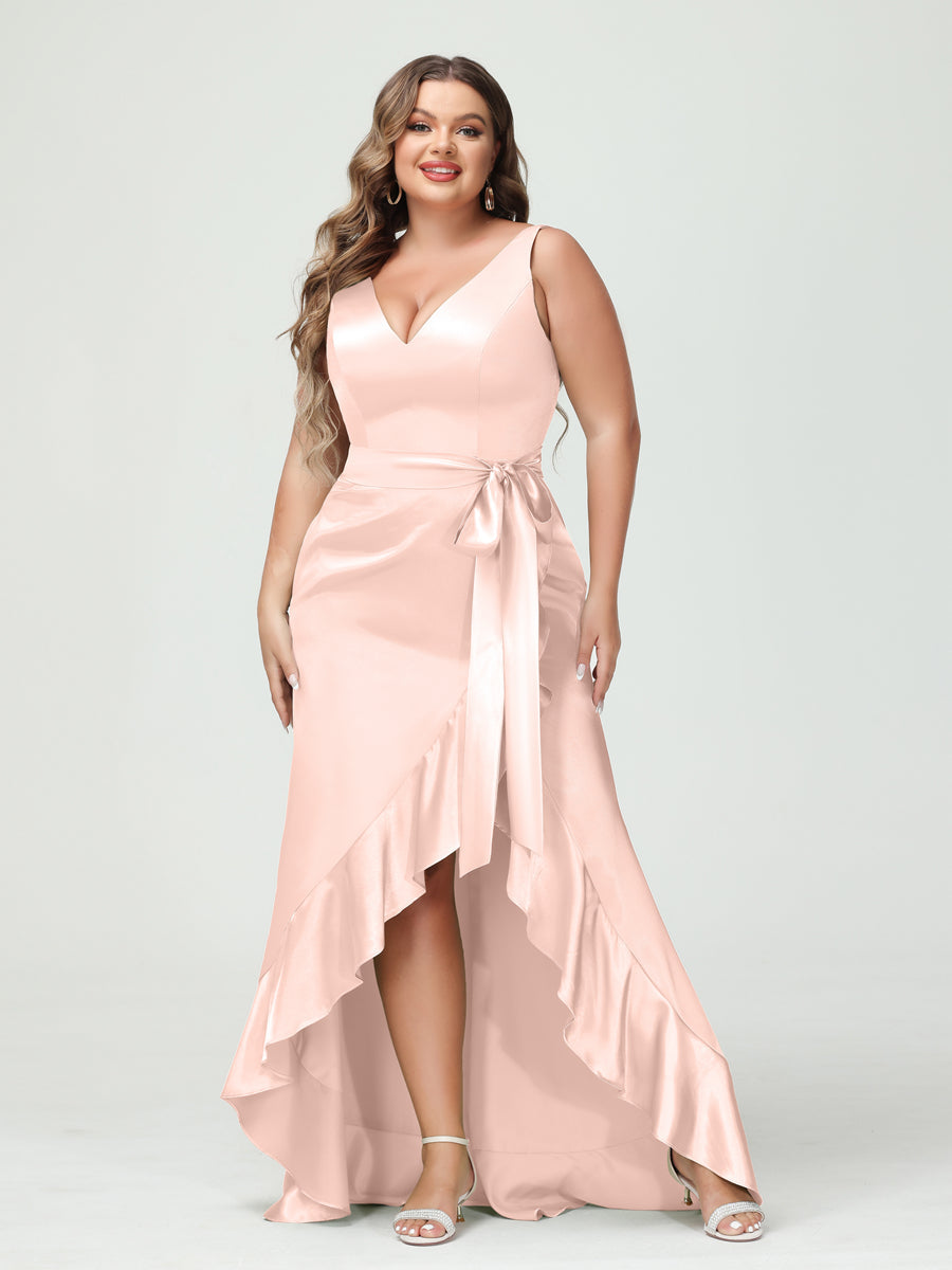 Sheath/Column V-Neck Sleeveless Ruffles High Low Plus Size Dresses with Pockets &amp; Sash