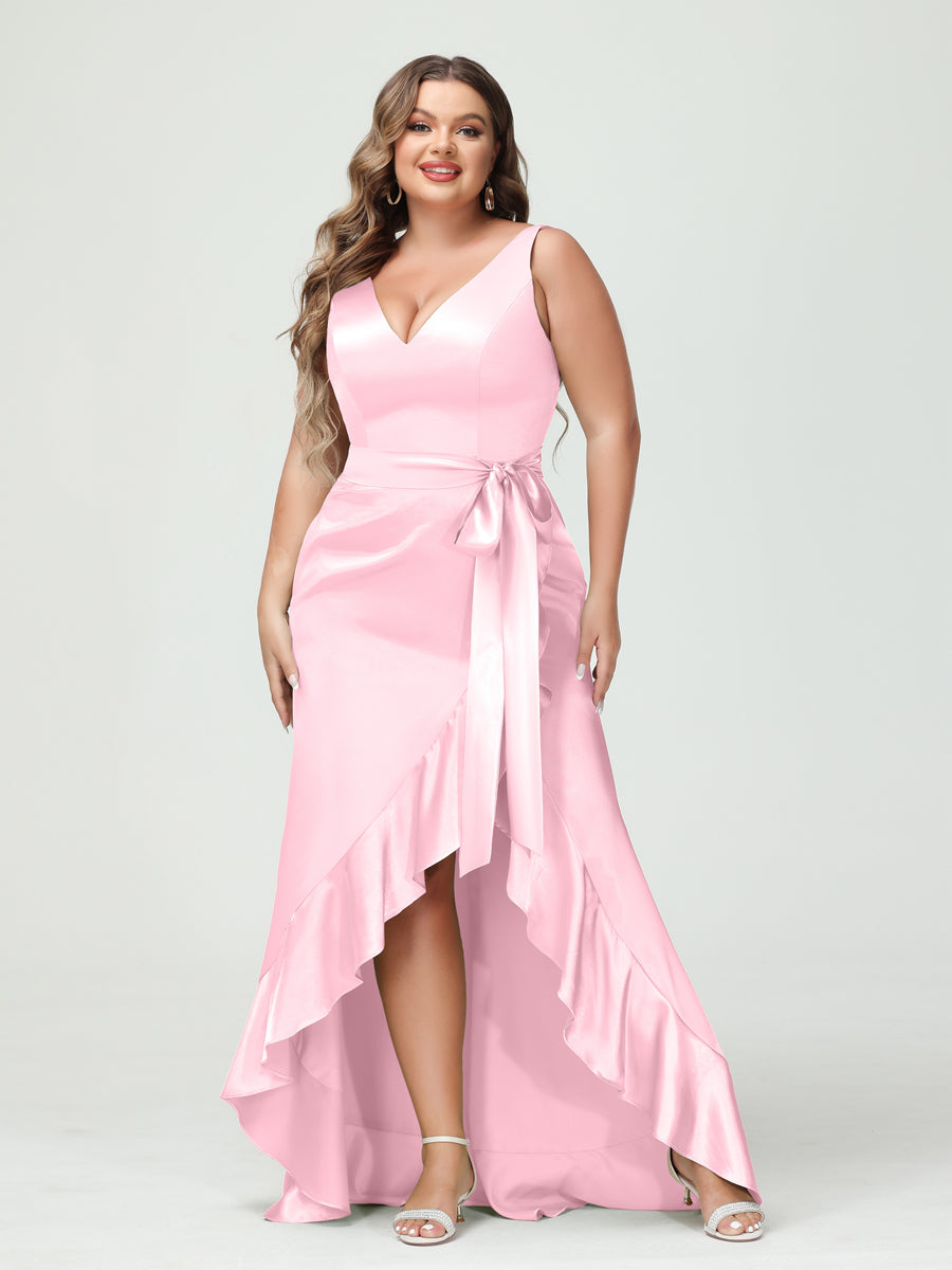 Sheath/Column V-Neck Sleeveless Ruffles High Low Plus Size Dresses with Pockets &amp; Sash
