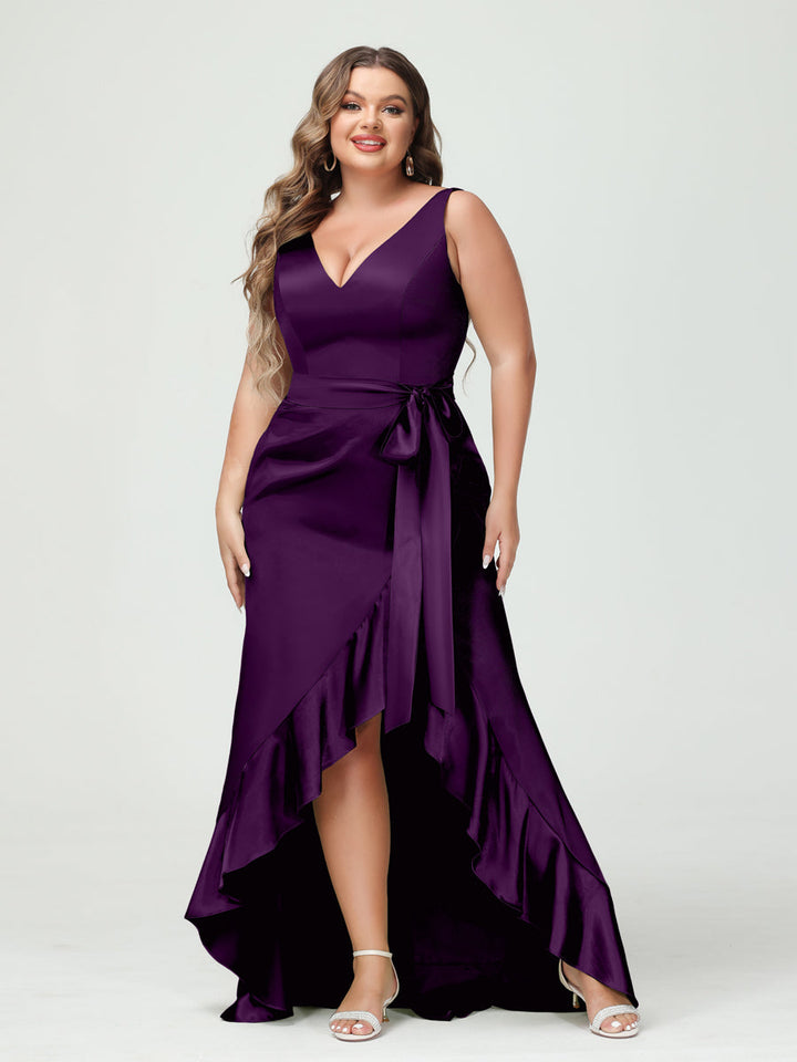 Sheath/Column V-Neck Sleeveless Ruffles High Low Plus Size Dresses with Pockets &amp; Sash