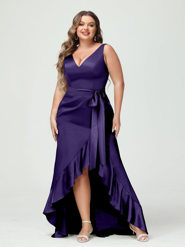Sheath/Column V-Neck Sleeveless Ruffles High Low Plus Size Dresses with Pockets &amp; Sash