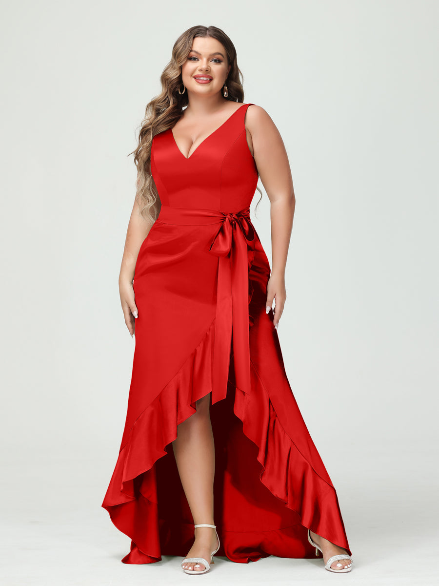 Sheath/Column V-Neck Sleeveless Ruffles High Low Plus Size Dresses with Pockets &amp; Sash