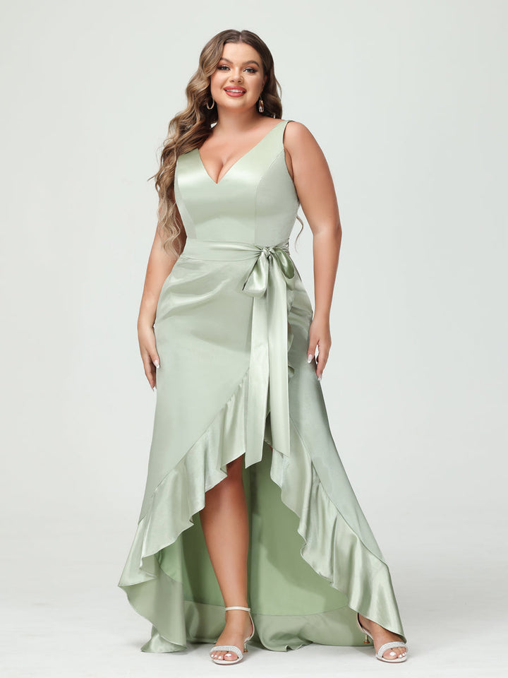 Sheath/Column V-Neck Sleeveless Ruffles High Low Plus Size Dresses with Pockets &amp; Sash