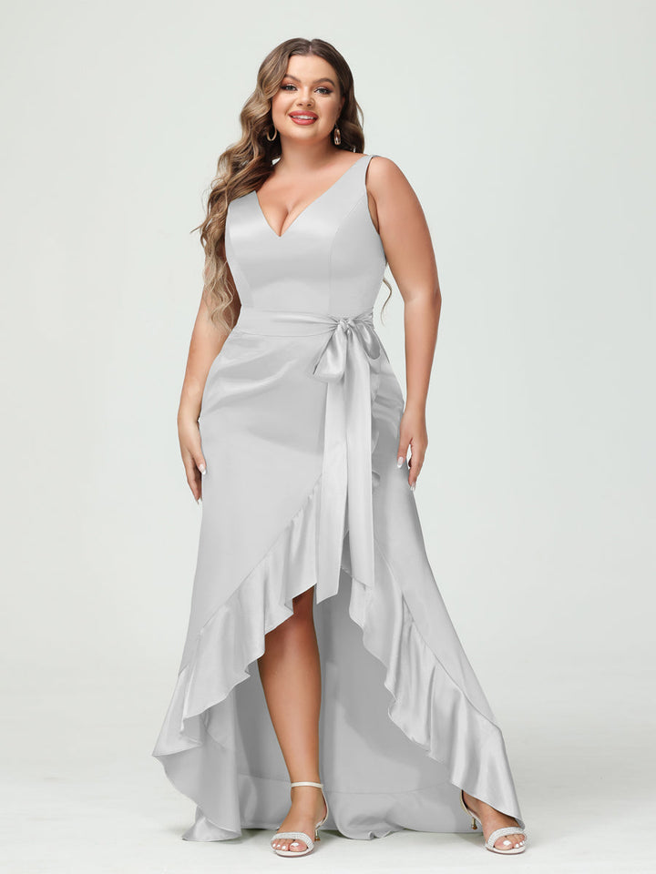 Sheath/Column V-Neck Sleeveless Ruffles High Low Plus Size Dresses with Pockets &amp; Sash