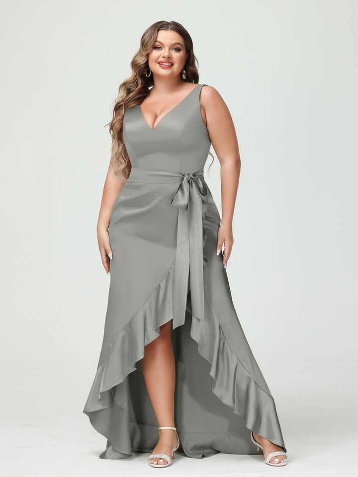 Sheath/Column V-Neck Sleeveless Ruffles High Low Plus Size Dresses with Pockets &amp; Sash
