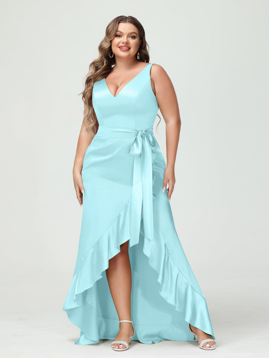 Sheath/Column V-Neck Sleeveless Ruffles High Low Plus Size Dresses with Pockets &amp; Sash