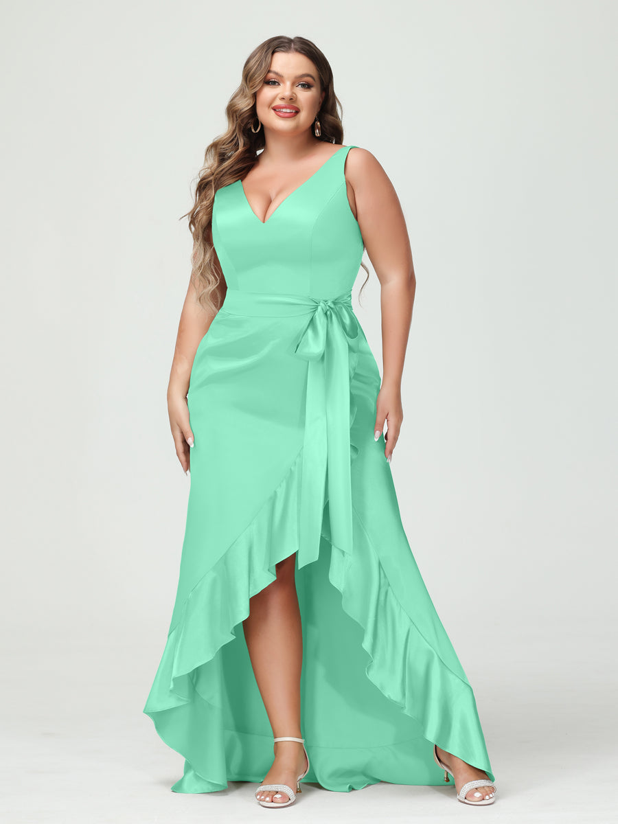 Sheath/Column V-Neck Sleeveless Ruffles High Low Plus Size Dresses with Pockets &amp; Sash