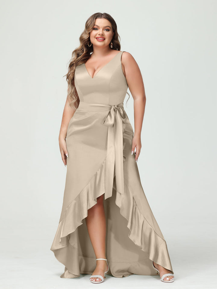 Sheath/Column V-Neck Sleeveless Ruffles High Low Plus Size Dresses with Pockets &amp; Sash