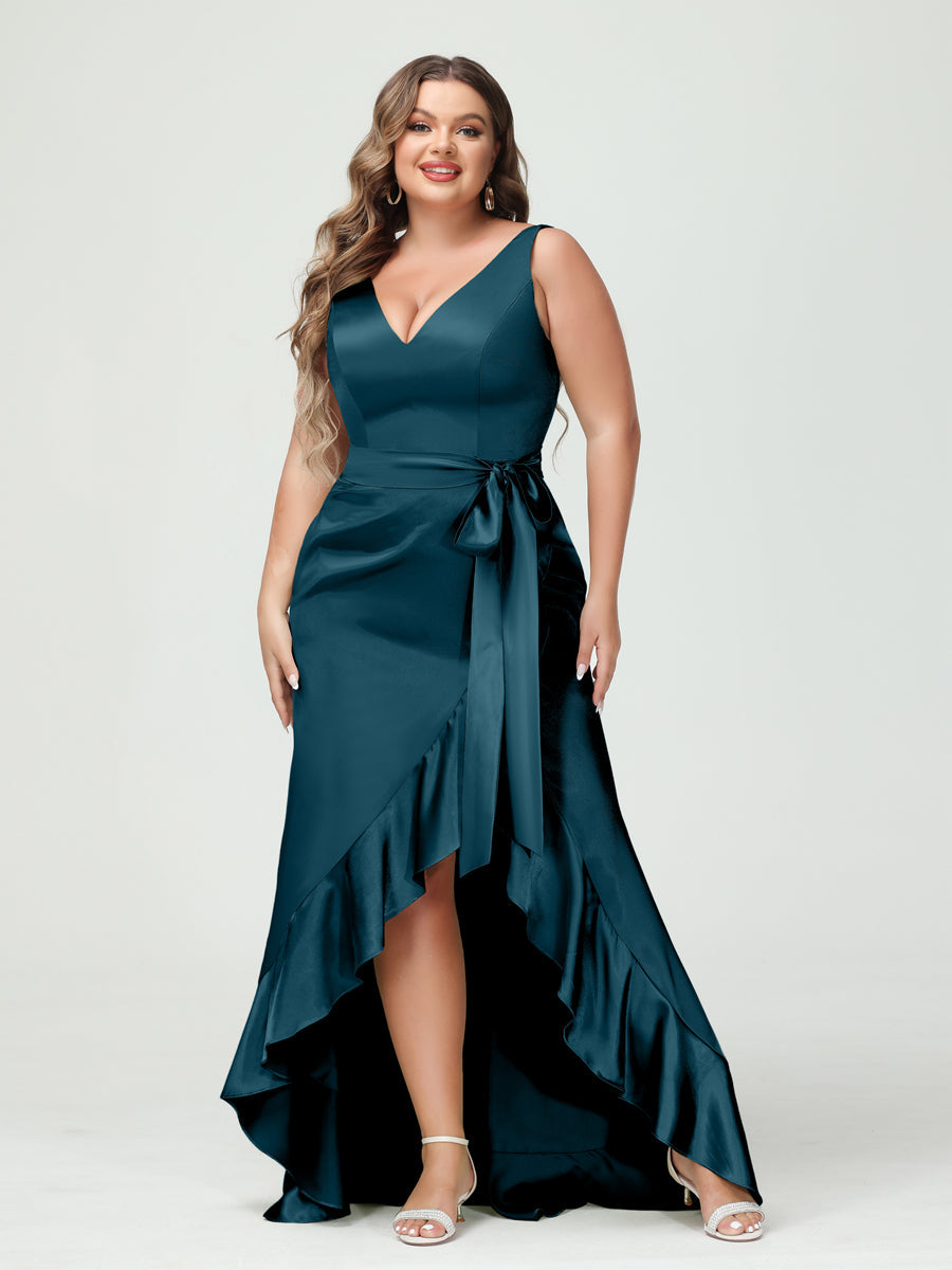 Sheath/Column V-Neck Sleeveless Ruffles High Low Plus Size Dresses with Pockets &amp; Sash