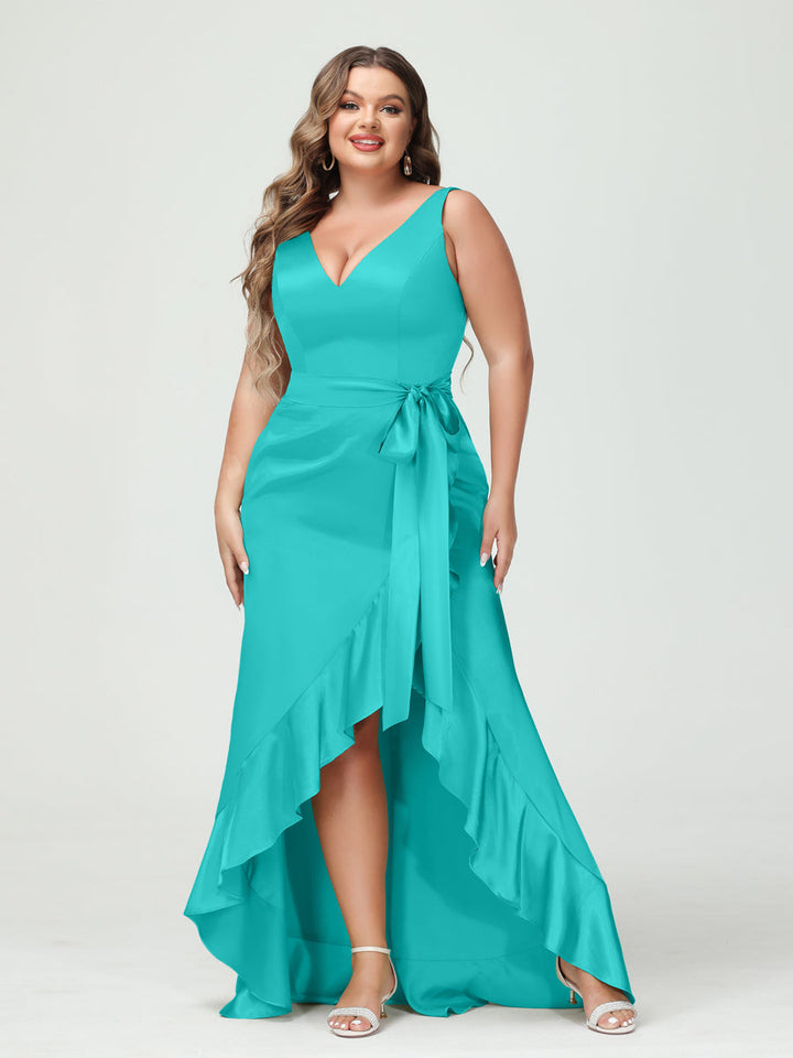 Sheath/Column V-Neck Sleeveless Ruffles High Low Plus Size Dresses with Pockets &amp; Sash