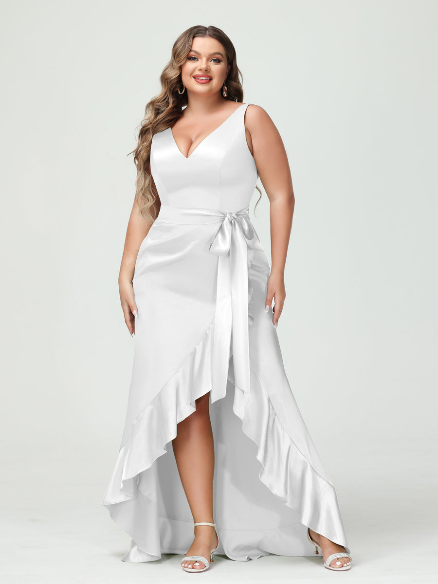 Sheath/Column V-Neck Sleeveless Ruffles High Low Plus Size Dresses with Pockets &amp; Sash