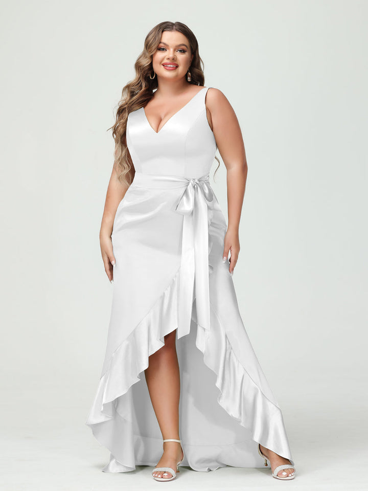 Sheath/Column V-Neck Sleeveless Ruffles High Low Plus Size Dresses with Pockets &amp; Sash