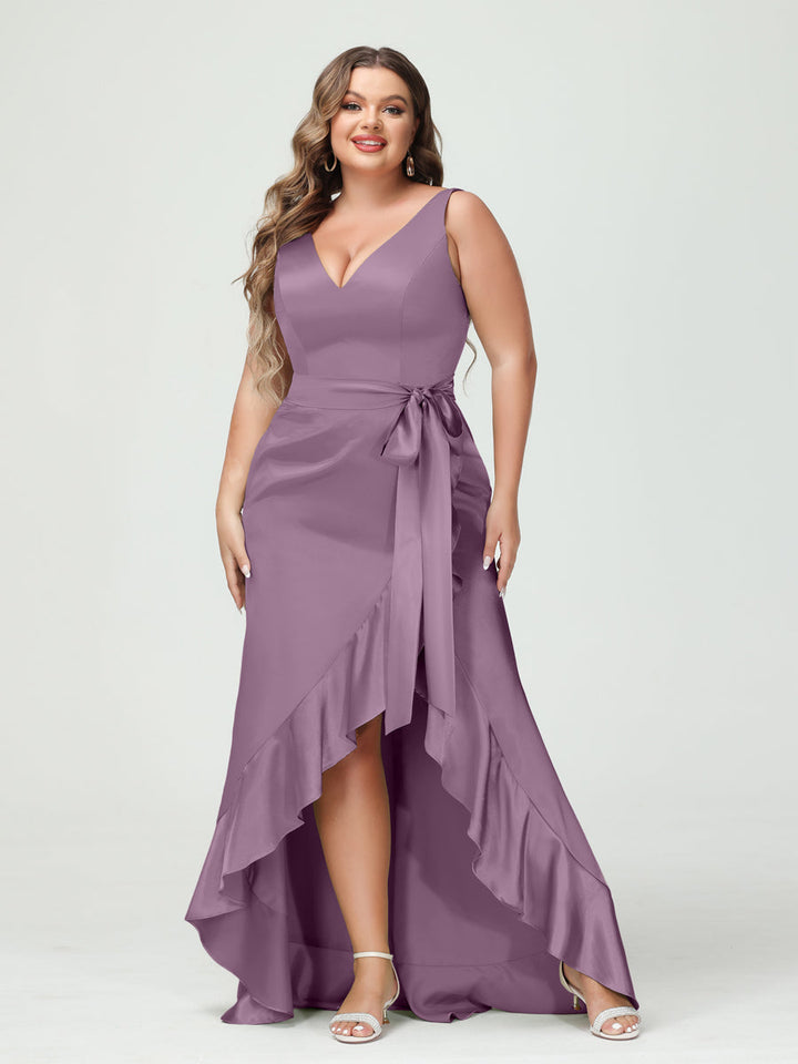 Sheath/Column V-Neck Sleeveless Ruffles High Low Plus Size Dresses with Pockets &amp; Sash