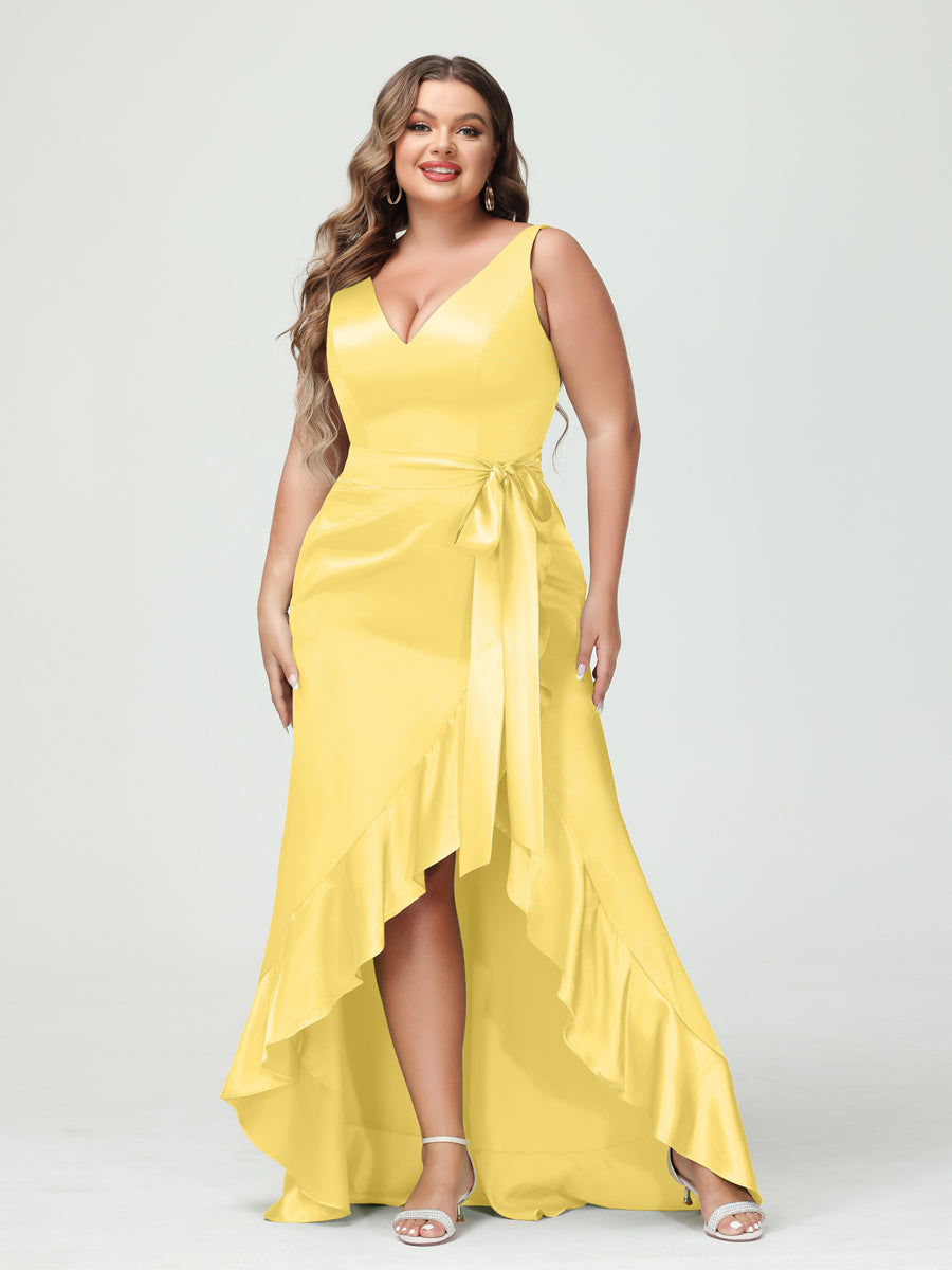Sheath/Column V-Neck Sleeveless Ruffles High Low Plus Size Dresses with Pockets &amp; Sash