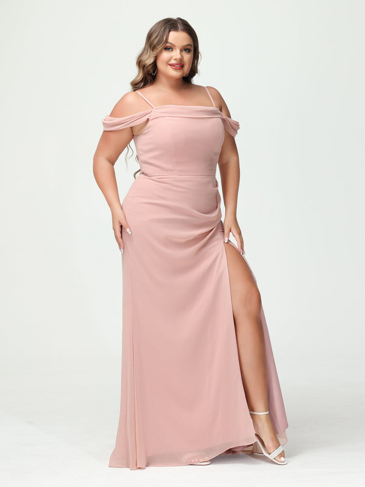 Sheath/Column Spaghetti Straps Pleated Ruffle Bridesmaid Dresses with Split Side main image 1
