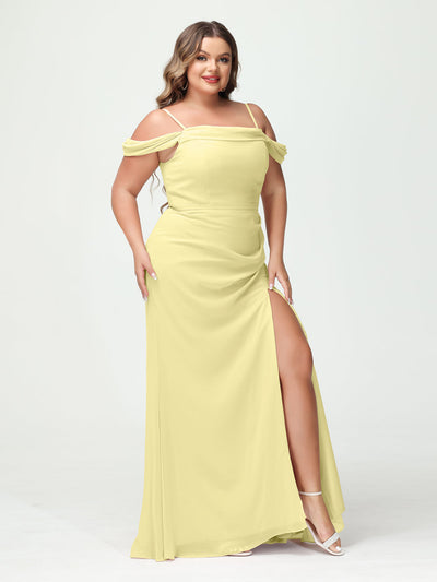 Sheath/Column Spaghetti Straps Off-the-Shoulder Chiffon Split Side Plus Size Bridesmaid Dresses