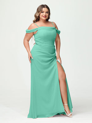 Sheath/Column Spaghetti Straps Off-the-Shoulder Chiffon Split Side Plus Size Bridesmaid Dresses