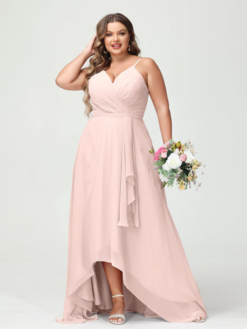 A-Line/Princess Spaghetti Straps Chiffon Ruffles Asymmetrical Plus Size Bridesmaid Dresses with Pockets