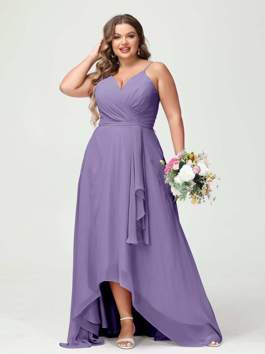 A-Line/Princess Spaghetti Straps Chiffon Ruffles Asymmetrical Plus Size Bridesmaid Dresses with Pockets