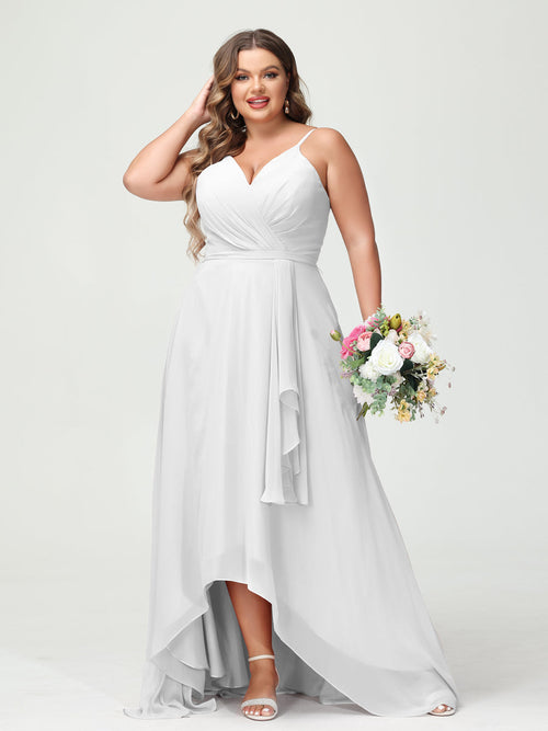 A-Line/Princess Spaghetti Straps Chiffon Ruffles Asymmetrical Plus Size Bridesmaid Dresses with Pockets