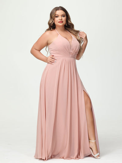 A-Line/Princess Halter Sleeveless Chiffon Ruched Split Side Plus Size Bridesmaid Dresses with Pockets