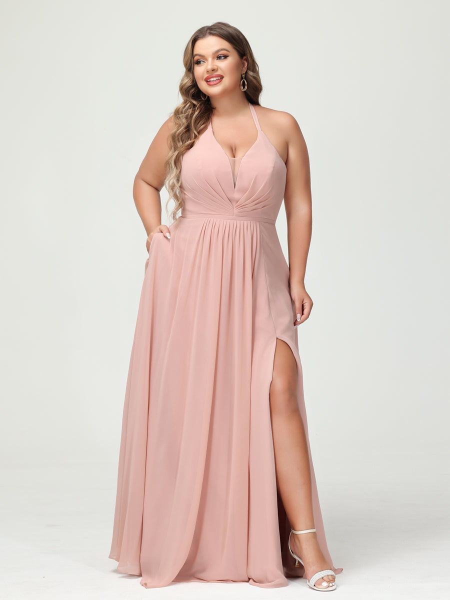 A-Line/Princess Halter Sleeveless Chiffon Ruched Split Side Plus Size Bridesmaid Dresses with Pockets