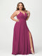 A-Line/Princess Halter Sleeveless Chiffon Ruched Split Side Plus Size Bridesmaid Dresses with Pockets