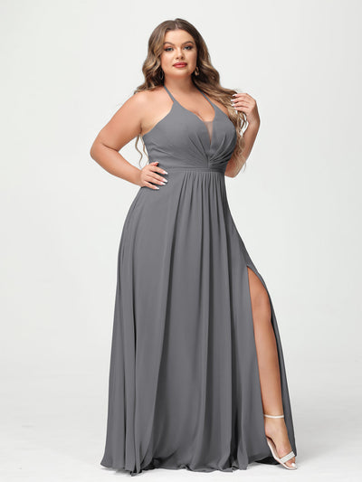 A-Line/Princess Halter Sleeveless Chiffon Ruched Split Side Plus Size Bridesmaid Dresses with Pockets