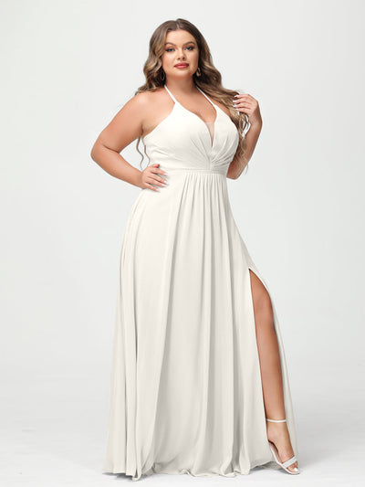 A-Line/Princess Halter Sleeveless Chiffon Ruched Split Side Plus Size Bridesmaid Dresses with Pockets